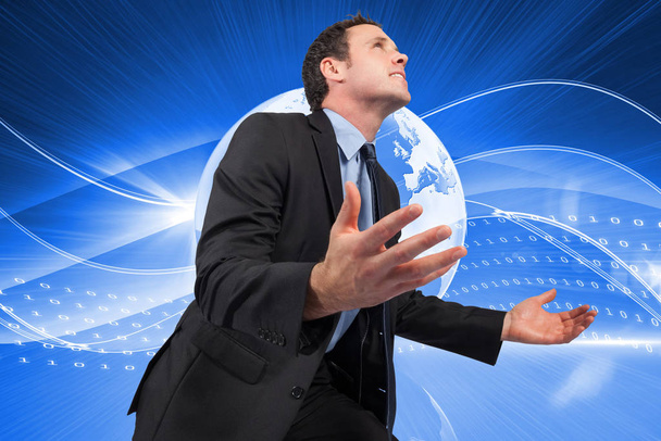 Businessman posing with arms out against global technology background - Foto, immagini