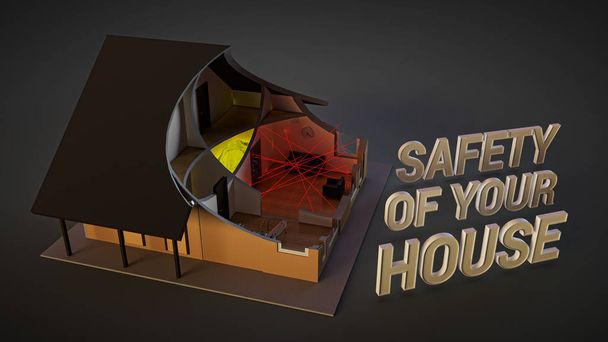 home security system. Illustration about safety with image of house in cut. lasers, motion detectors, surveillance cameras, and safe deposit facilities - Zdjęcie, obraz
