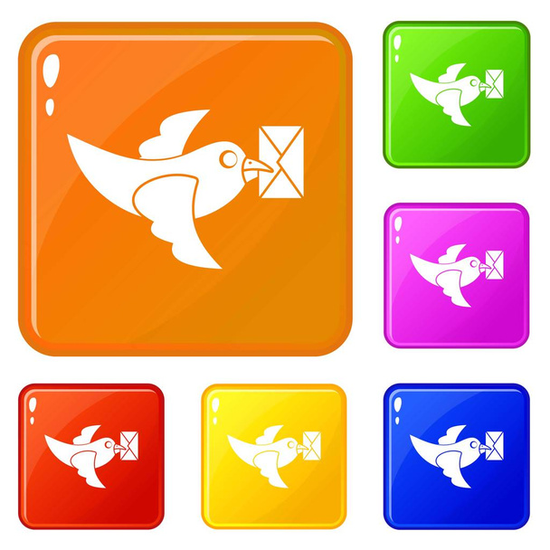 Pigeon fly with mail icons set vector color - ベクター画像