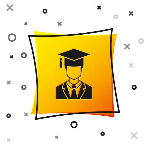 Zwarte mannelijke graduate student profiel met Gown en Graduation Cap pictogram geïsoleerd op witte achtergrond. Gele vierkante knop. Vector illustratie - Vector, afbeelding
