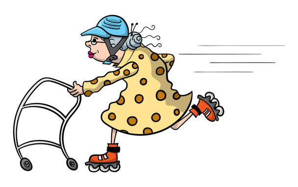 Sarjakuva vanha nainen ylinopeutta yhdessä hänen kävelijä ja joukko rullaluistimet
 - Vektori, kuva