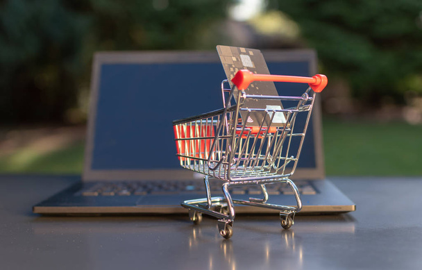 Conceito de compras de supermercado online. Um carrinho de compras em miniatura wi
 - Foto, Imagem