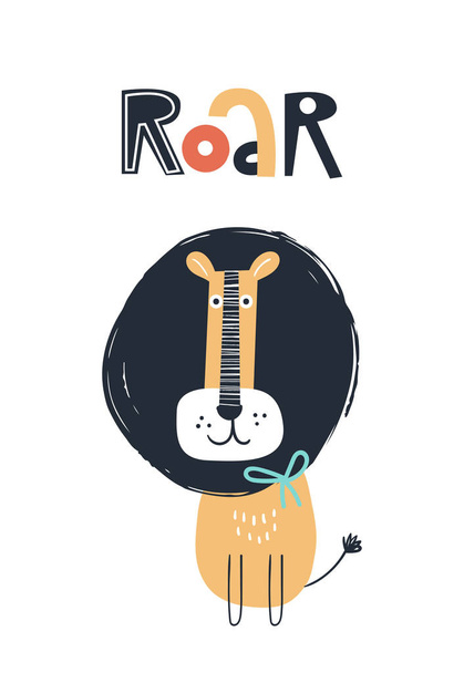 Roar-cute dzieci ręcznie rysowane przedszkola plakat z lew zwierząt i napis. Ilustracja wektorowa kolor. - Wektor, obraz
