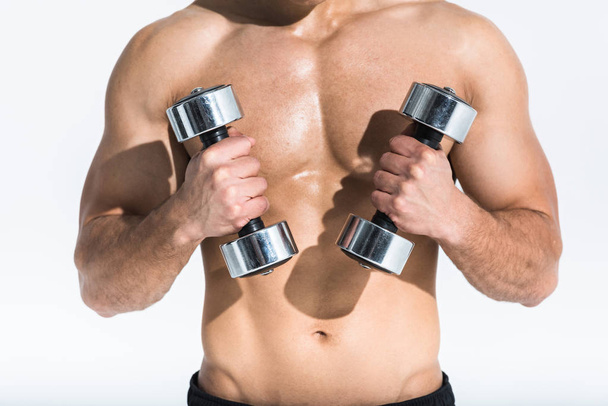 cropped view of shirtless man with muscular torso holding dumbbells on white background - Foto, Bild