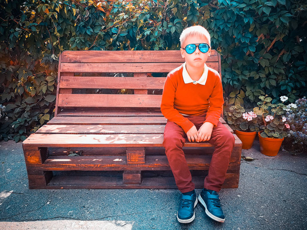 chico con estilo se sienta en un banco de madera
 - Foto, imagen