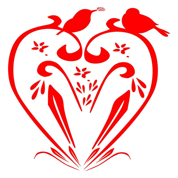czerwone serce abstrakcyjne z dwoma małymi ptakami-ilustracja - Zdjęcie, obraz