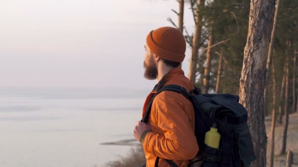 Portrait of travel beard man with backpack outdoors. Looking around and enjoying nie day. - Кадры, видео