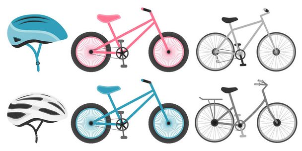 デザインのためのセットコレクションで様々な自転車やヘルメットのアイコン。トランスポートベクトルシンボルストックベクトル図のタイプ. - ベクター画像