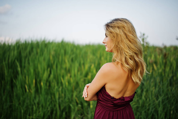 Blonde sensual woman in red marsala dress posing in the reeds. - Zdjęcie, obraz