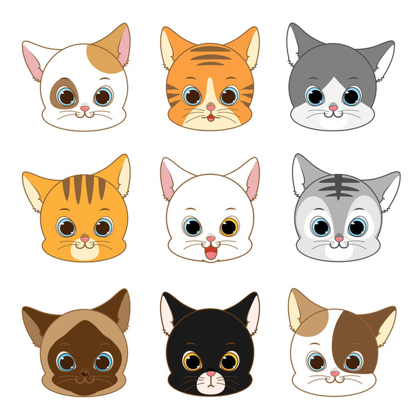Cute Smiling Cat Head Collection Set, Vector Illustration - Вектор, зображення