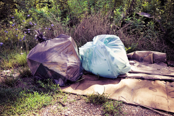 Vertido ilegal en la naturaleza; bolsas de basura dejadas en la naturaleza
 - - Foto, Imagen