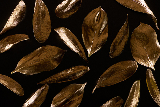 top view of gold metal decorative leaves isolated on black - Фото, зображення