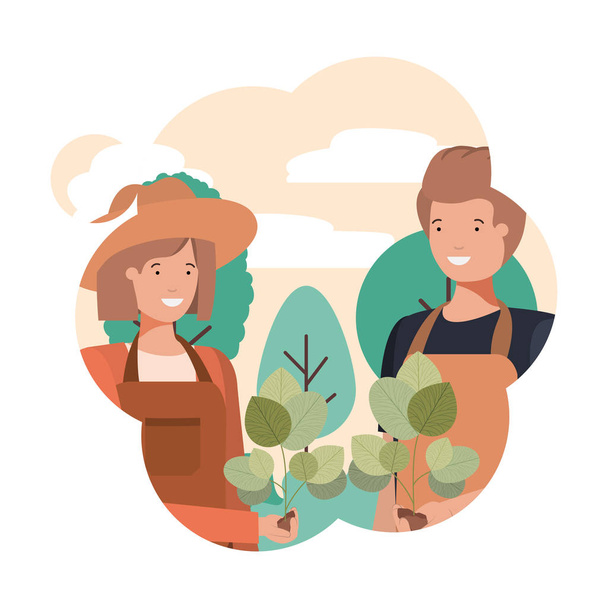 pareja de jardineros con carácter avatar paisaje
 - Vector, Imagen