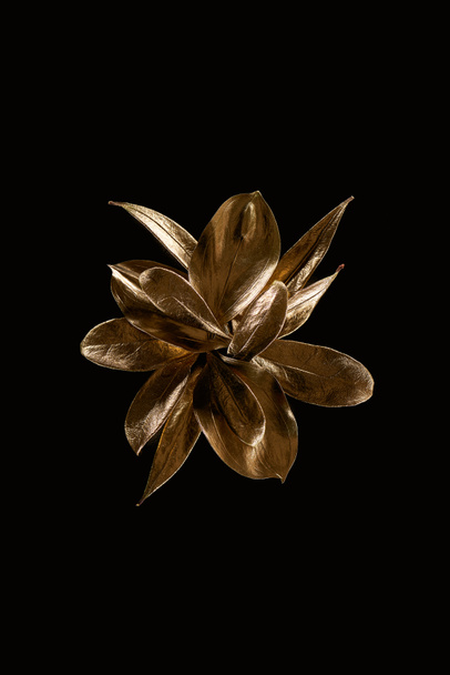 top view of golden metal decorative flower isolated on black - Foto, Bild