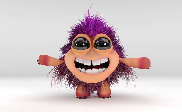 glückliches Kawaii-Monster mit lila Haaren und schwarzen Augen - Foto, Bild