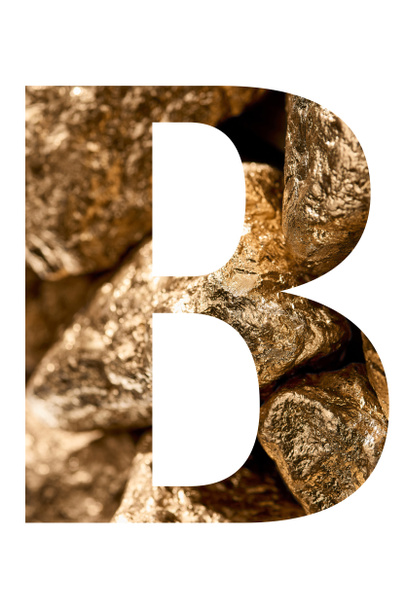 letter B made of shiny golden stones isolated on white - Foto, imagen