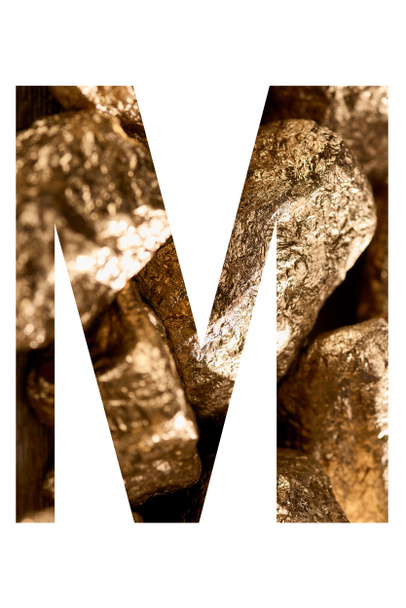 "M" betű, fényes arany kövekből, izolált fehér - Fotó, kép