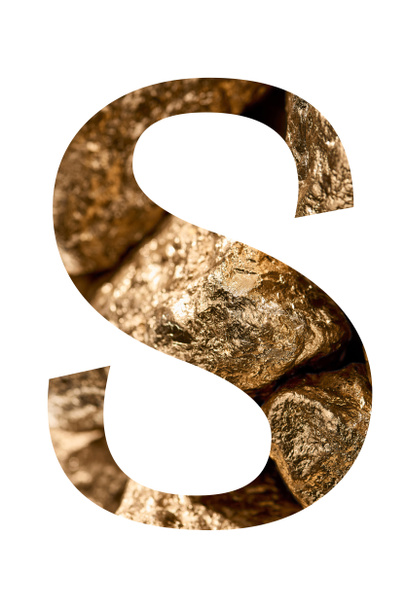 letter S made of shiny golden stones isolated on white - Photo, Image