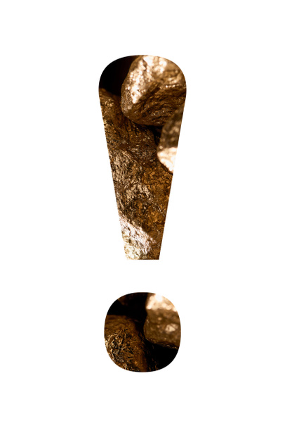 Felkiáltójel készült csillogó arany kövek elszigetelt fehér - Fotó, kép