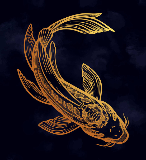 Hand drawn ethnic fish Koi carp - symbol of harmony, wisdom. Vector illustration isolated. Spiritual art for tattoo. Beautifully detailed, serene. - Вектор, зображення