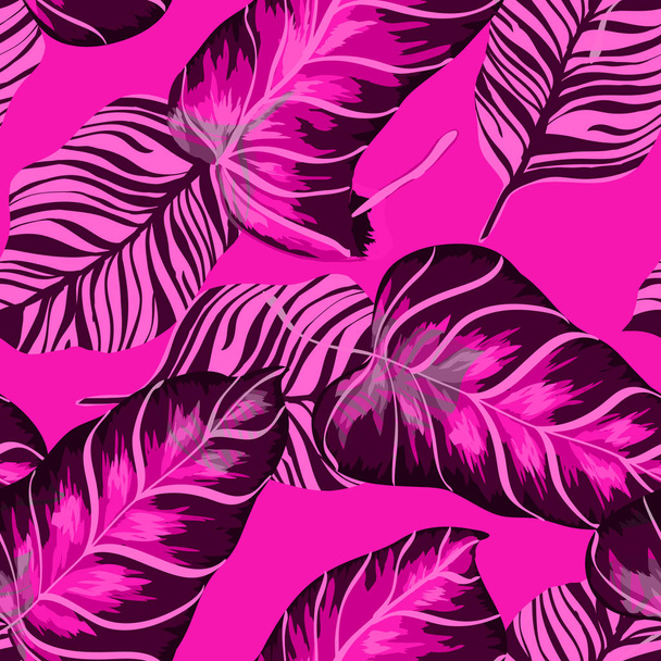 Tropical leaves realistic seamless pattern. Banana leaf and palm tree. Hawaiian exotic background with tropical plants. - Vektor, kép