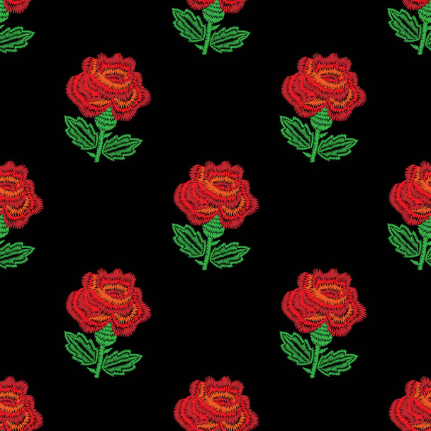 Embroidery seamless pattern with red rose embroidery stitches im - Διάνυσμα, εικόνα