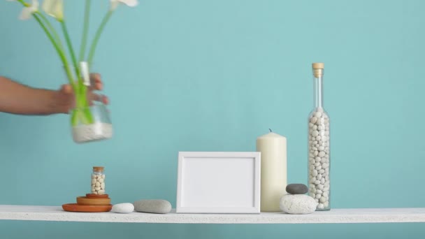 Modern room decoration with crate. Shelf against turquoise wall with decorative cactus, glass and rocks. Hand putting down calla in vase. - Footage, Video