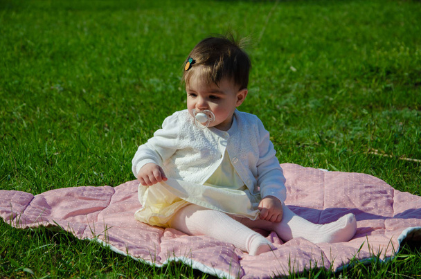 Bebê em roupas brilhantes em uma xadrez rosa na grama verde no parque. Bebê recém-nascido lá fora em um dia quente. Menina joga em uma xadrez em um gramado verde na primavera
 - Foto, Imagem