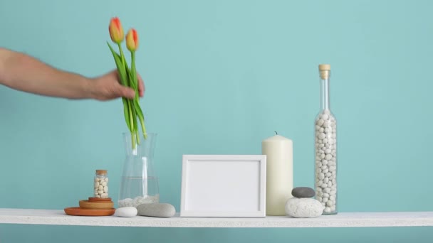 Modern room decoration with picture frame mockup. Shelf against turquoise wall with decorative candle, glass and rocks. Hand putting Tulips in vase. - Footage, Video