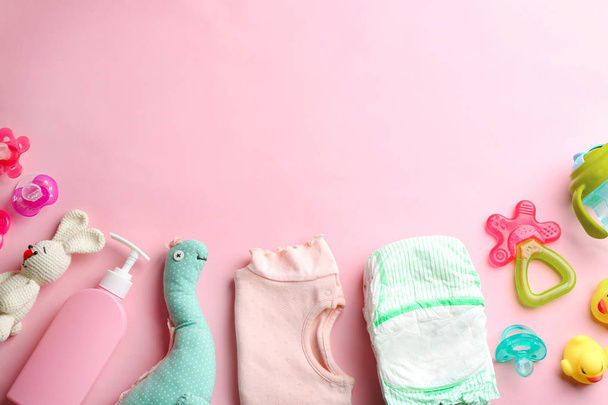 Flat lay composition with baby accessories and space for text on color background - Foto, immagini