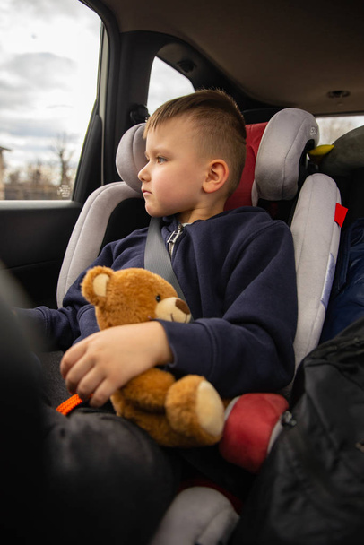 mignon petit garçon avec ours moelleux dans la chaise de voiture sur les sièges arrière en voyage sur la route
. - Photo, image