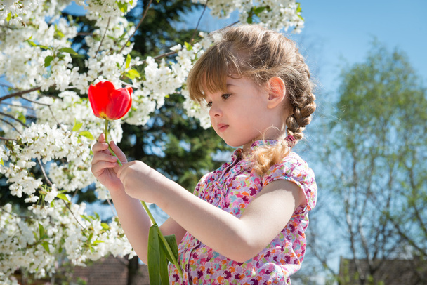Маленькая девочка с цветами - Фото, изображение