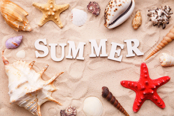 Texto Verão a partir de letras brancas e conchas marinhas e estrelas do mar na areia
 - Foto, Imagem