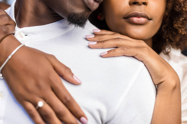 Close up outdoor protrait of black african american couple embra - Photo, Image