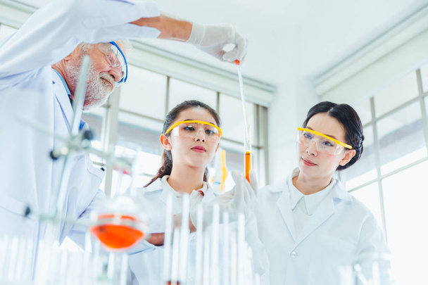 科学教師と学生チームは研究室で化学物質を扱う - 写真・画像