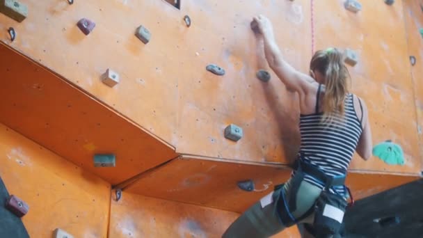 Bouldering. Μια νεαρή γυναίκα αρχίζει να σκαρφαλώνει σε ένα βραχώδες τοίχο - Πλάνα, βίντεο