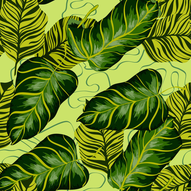 Tropical leaves realistic seamless pattern. Banana leaf and palm tree. Hawaiian exotic background with tropical plants. - Vektör, Görsel