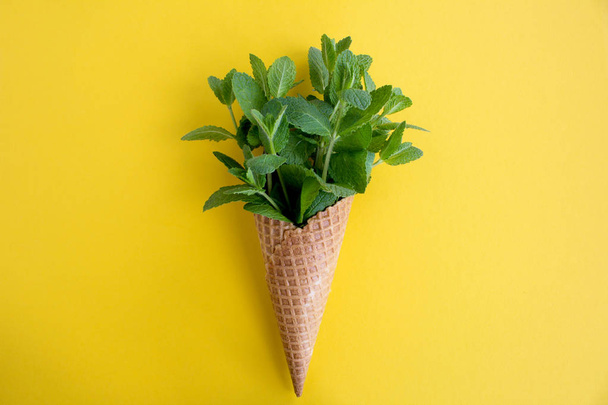 Ice cream cone with fresh mint in the center of the yellow background.Top view.Copy space. - Photo, Image