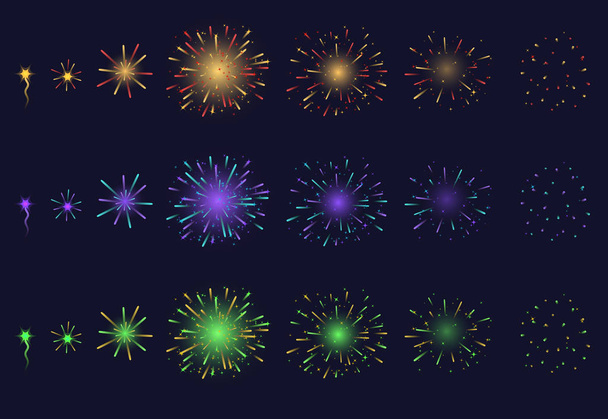 Realistic Detailed 3d Light Fireworks Animation Set. Vector - Vektör, Görsel