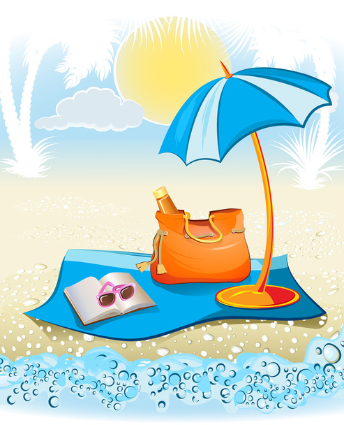 Seaside summer holiday background with palm,umbrella, sunglasses - Vector, Image