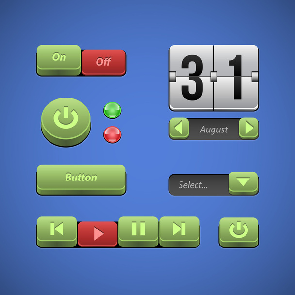 Raised Buttons Green And Red UI Controls Web Elements: Buttons, Switchers, On, Off, Player, Audio, Video: Play, Stop, Next, Pause, Arrows, Calendar, Date - Vector, afbeelding