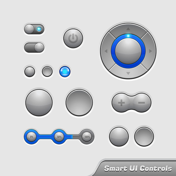 Smart UI Controls Web Elements 1: Buttons, Switchers, On, Off, Player, Audio, Video: Player, Volume, Equalizer, Bulb, Preloader, Loader, Power Button - Vektor, obrázek