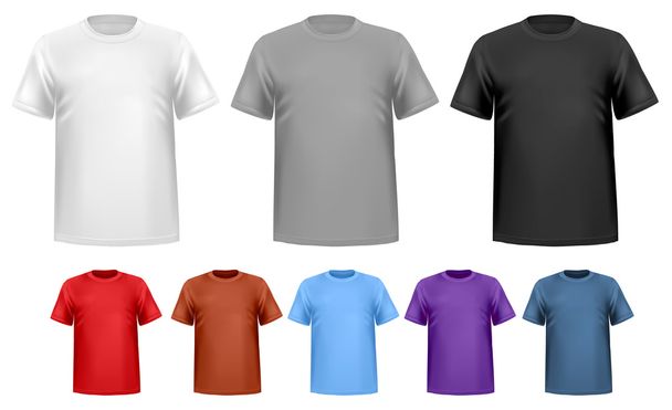 Camisetas masculinas pretas e brancas e coloridas. Modelo de design. Vetor - Vetor, Imagem