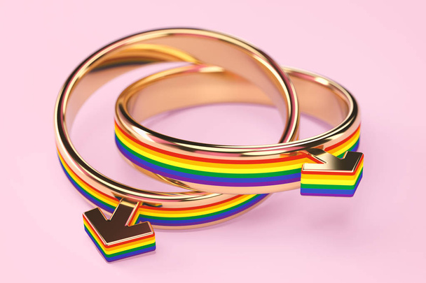 Nahaufnahme auf zwei homosexuelle männliche Eheringe, die isoliert auf pastellrosa Hintergrund miteinander verbunden sind. Homo-Ehen. 3D-Darstellung - Foto, Bild