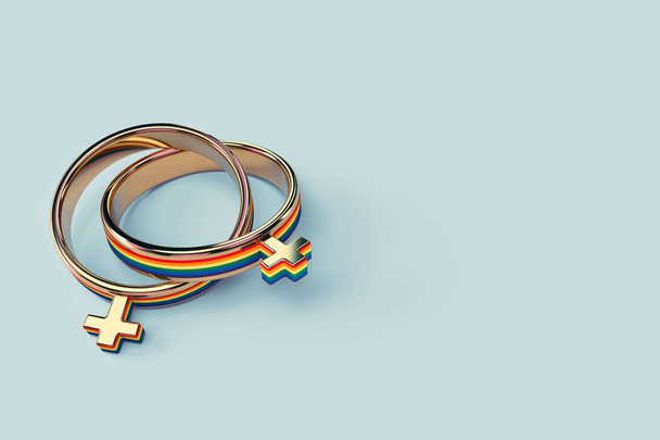 Dos anillos de boda femeninos lesbianas aislados sobre fondo verde pastel. Espacio de copia incluido. Las personas LGBTQ + tienen derecho a vivir juntos el concepto. Renderizado 3D
 - Foto, imagen