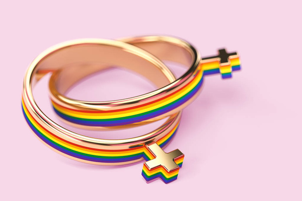 Primer plano sobre dos anillos de boda femeninos lesbianas sobre fondo rosa pastel. Los matrimonios lésbicos emiten concepto. Renderizado 3D
 - Foto, imagen