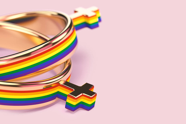 Primer plano sobre dos anillos de boda femeninos lesbianas sobre fondo rosa pastel. Los matrimonios lésbicos emiten concepto. Renderizado 3D
 - Foto, Imagen