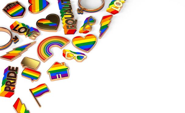 Vari elementi connessi con orgoglio gay posa piatta su sfondo bianco. Vista dall'alto con spazio di copia sulla destra. Rendering 3D
 - Foto, immagini