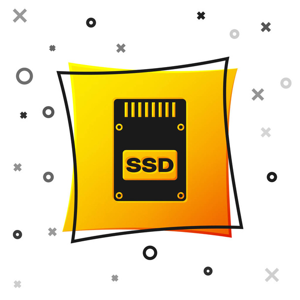 Ícone de cartão SSD preto isolado no fundo branco. Sinal de unidade de estado sólido. Símbolo de armazenamento. Botão quadrado amarelo. Ilustração vetorial
 - Vetor, Imagem