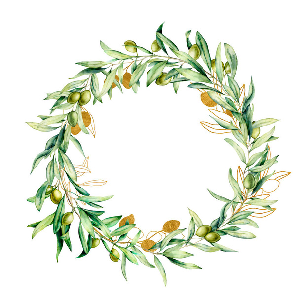 Watercolor wreath with golden and green olive berries. Hand painted floral border with olive fruit and tree branches with leaves isolatedon white background. For design, print and fabric. - Fotoğraf, Görsel